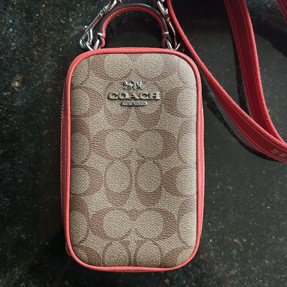 Coach Eva Phone Crossbody Bag Signature Canvas, Tan and Burnt Orange - Picture 2 of 7